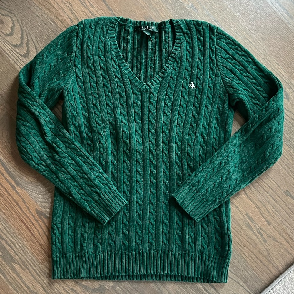 Ralph Lauren Green V Neck Cable Knit Sweater